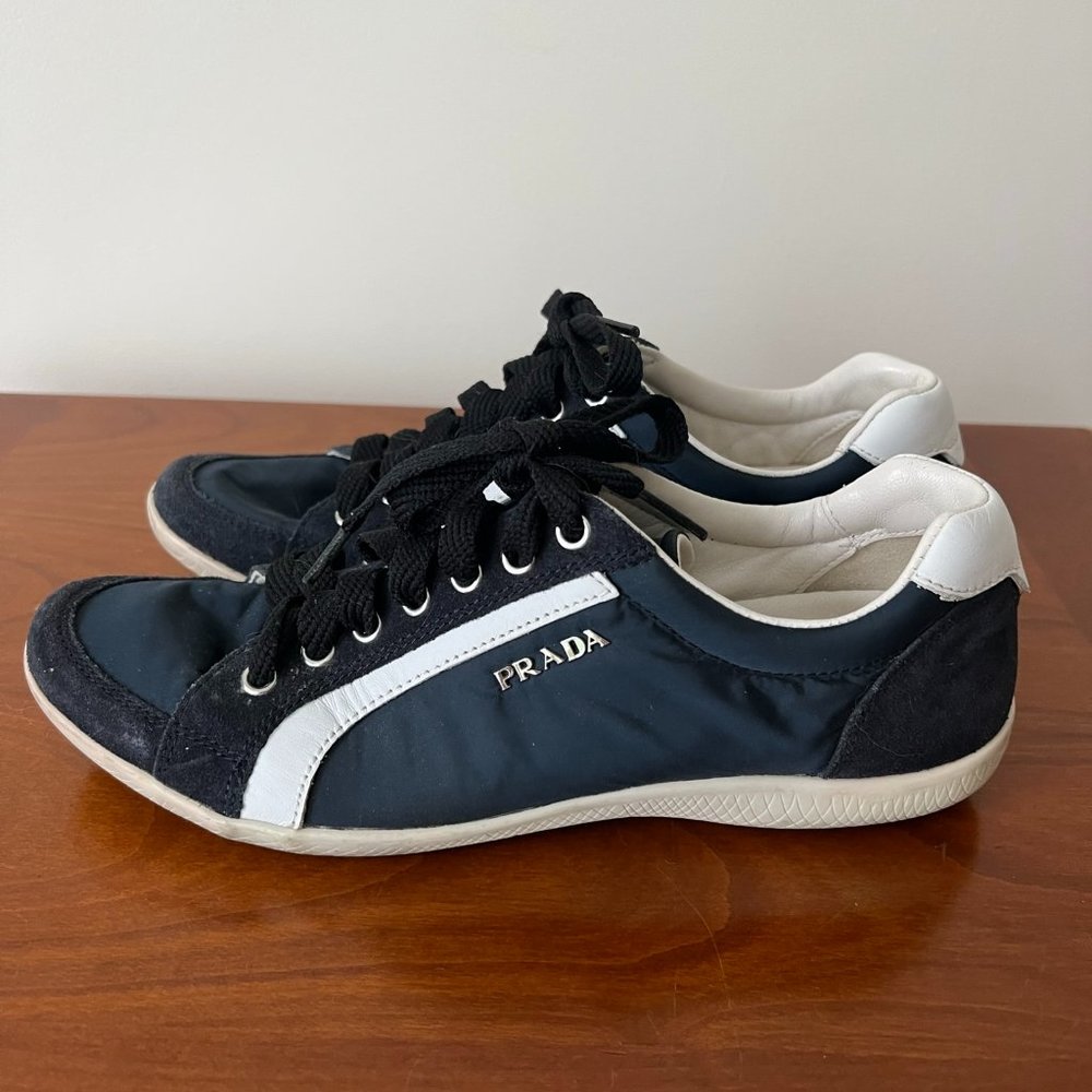Navy Blue Nylon and Suede Prada Sneakers with Navy Laces Size EU 37